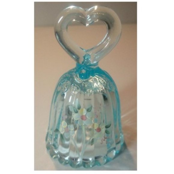 Fenton Teal Colored Glass Bell - Heart Handle - Hand Painted by M. Kibbe - Picture 2 of 5